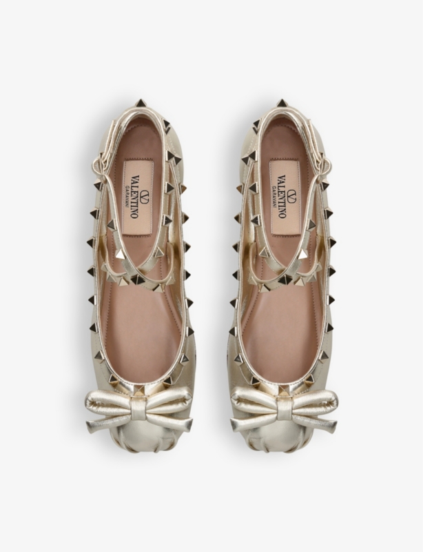 Rockstud ballerina metallic-leather pumps