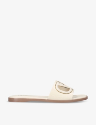 Shop Valentino Vlogo Cut-out Leather Slides In White