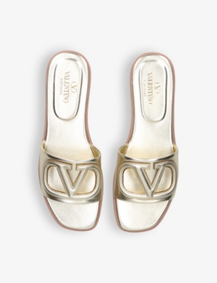 Shop Valentino Garavani Women's Gold Vlogo Cut-out Leather Slides