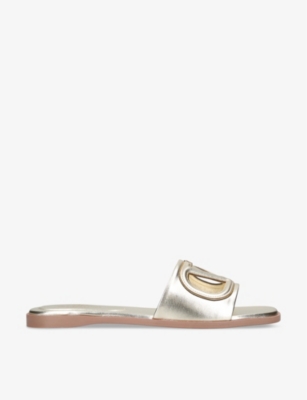 Shop Valentino Garavani Women's Gold Vlogo Cut-out Leather Slides