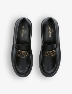 Shop Valentino Garavani Women's Black Vlogo Brand-plaque Leather Loafers