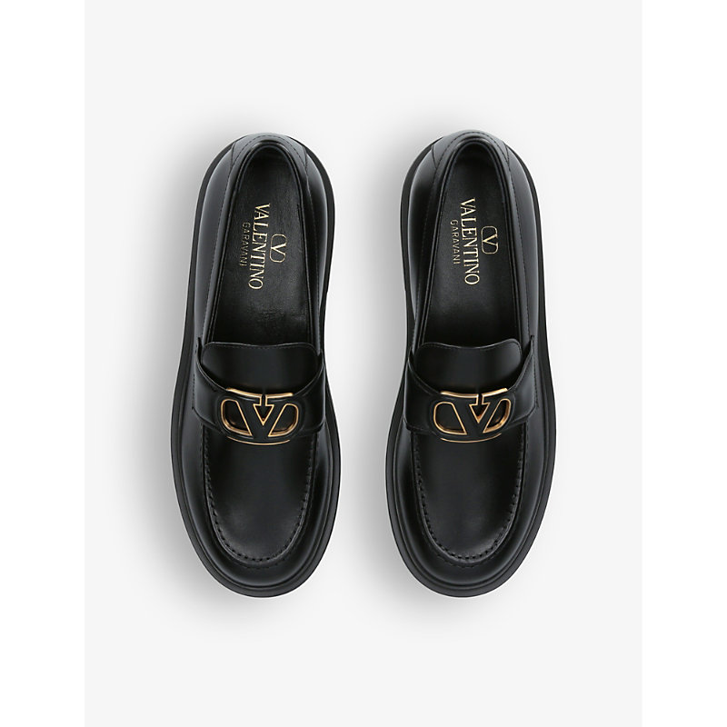 Shop Valentino Garavani Women's Black Vlogo Brand-plaque Leather Loafers