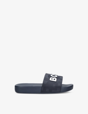 Boss By Hugo Boss Boys Vy Kids Aqua Brand-debossed Rubber Sliders In Navy