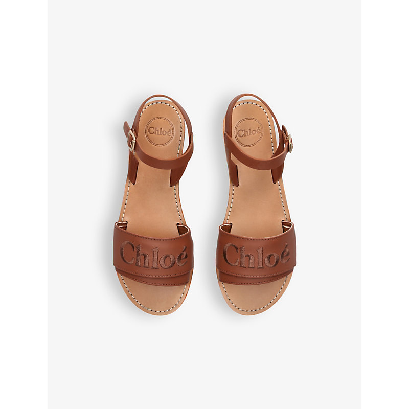 Shop Chloé Chloe Girls Brown Kids Stellar Brand-embroidered Leather Sandals 6-10 Years