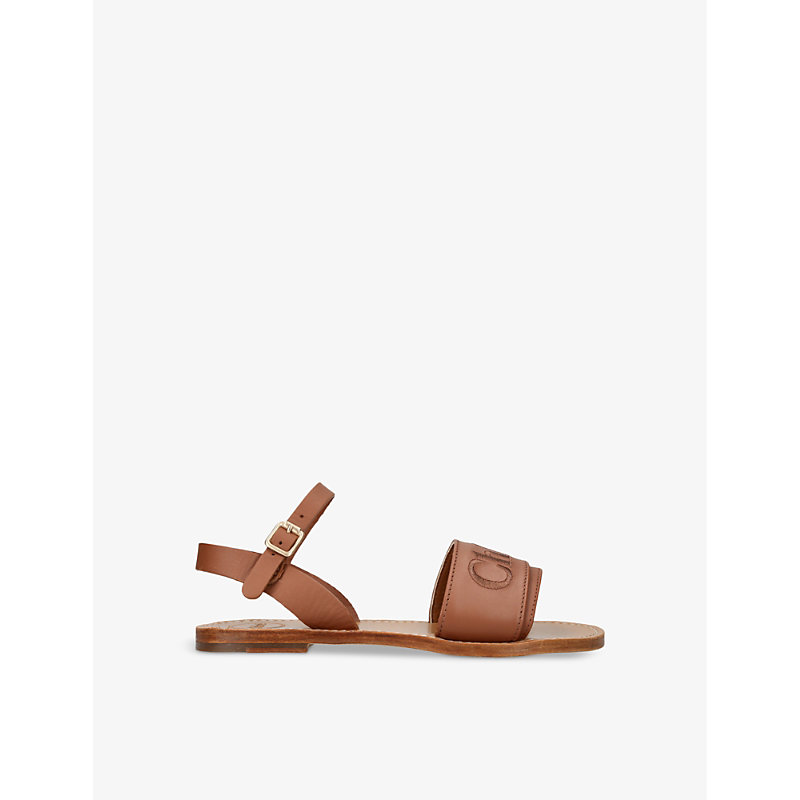 Shop Chloé Chloe Girls Brown Kids Stellar Brand-embroidered Leather Sandals 6-10 Years