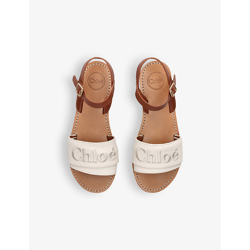 Shop Chloé Stellar Brand-embroidered Leather Sandals 6-9 Years In Cream