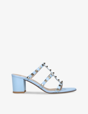 Valentino Garavani Rockstud Caged Block-heel Slide Sandals In Popeline Blue