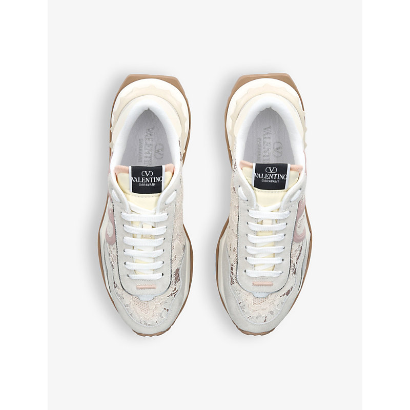 Shop Valentino Lacerunner Branded Mesh And Lace Low-top Trainers In White/comb