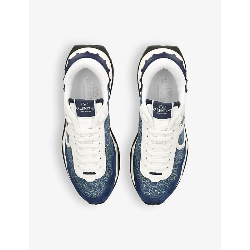 Shop Valentino Lacerunner Denim Low-top Trainers In Blue/drk.c