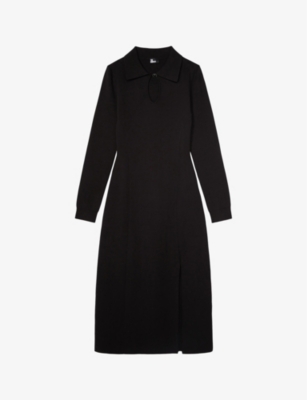 The Kooples Womens Black Cut-out Split-hem Stretch-knit Midi Dress