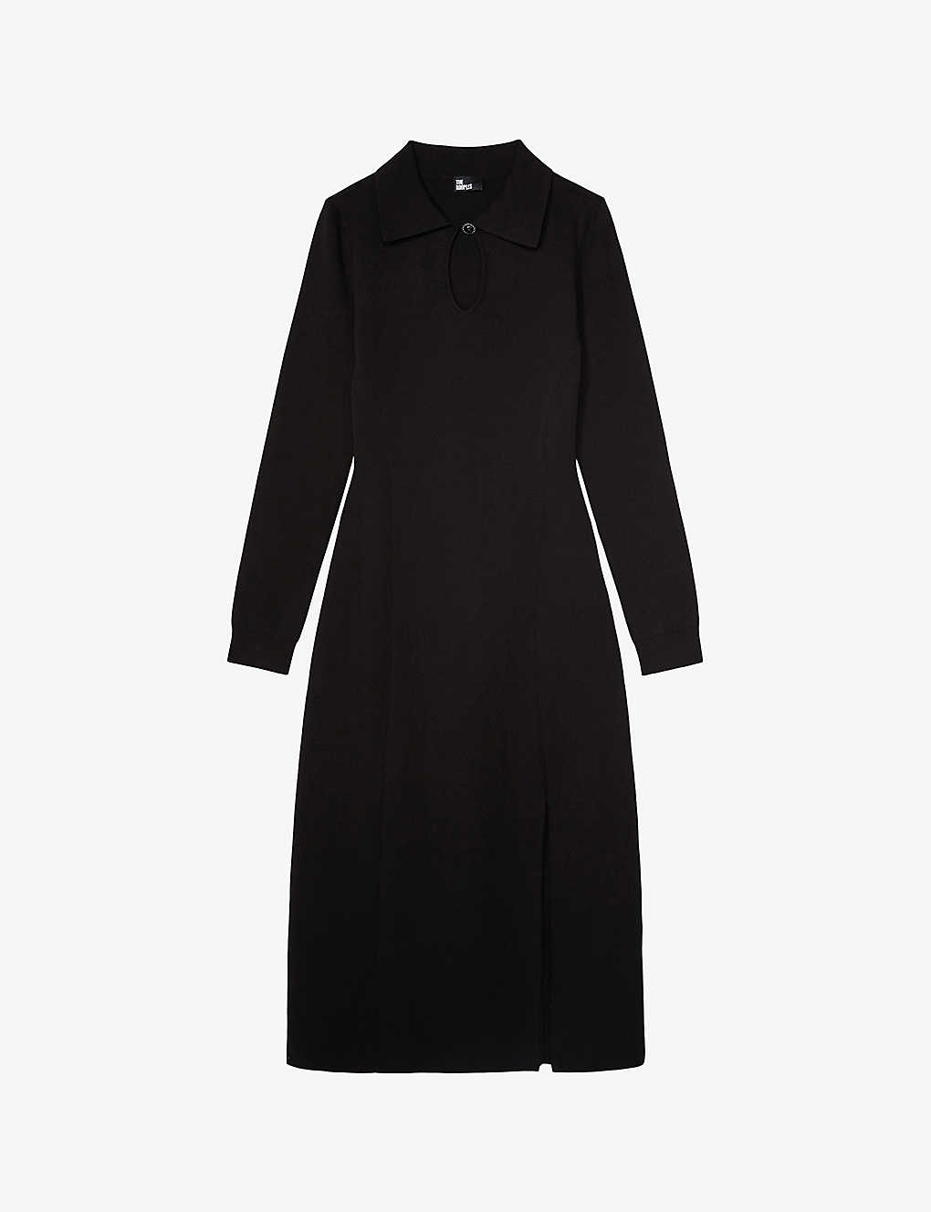The Kooples Womens Black Cut-out Split-hem Stretch-knit Midi Dress