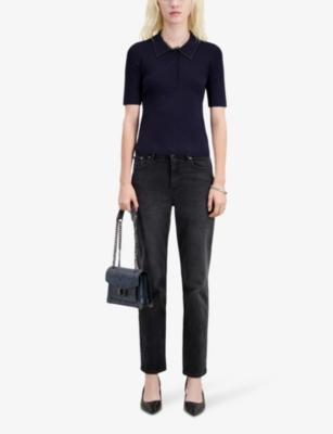Shop The Kooples Women's Navy Stud-embellished Stretch-knit Polo Top