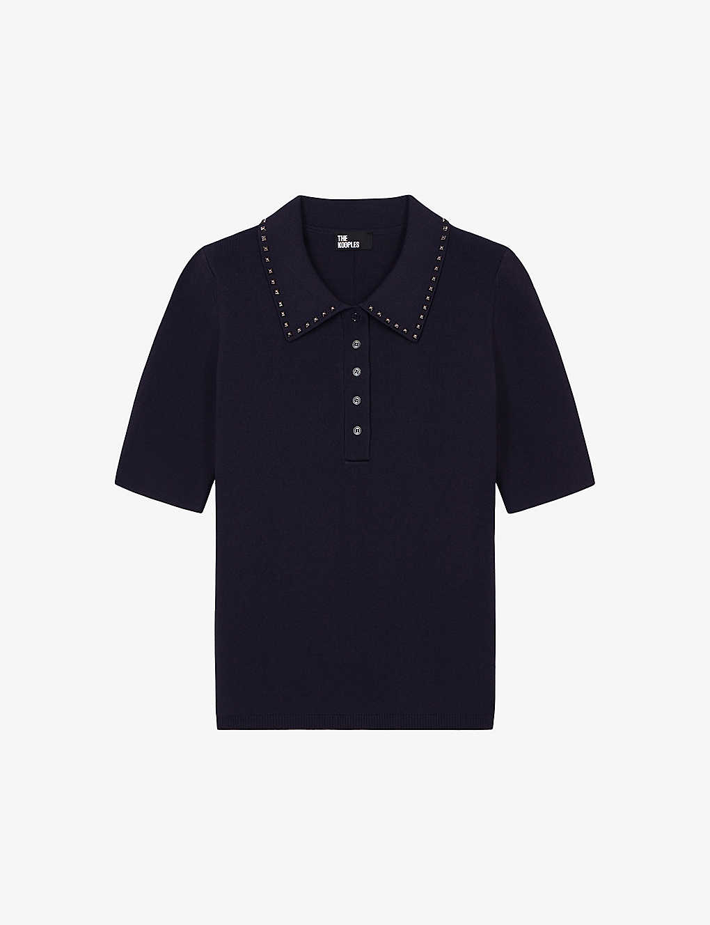 The Kooples Womens Navy Stud-embellished Stretch-knit Polo Top