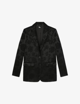 The Kooples Womens Black Floral-motif Single-breasted Stretch-woven Blazer