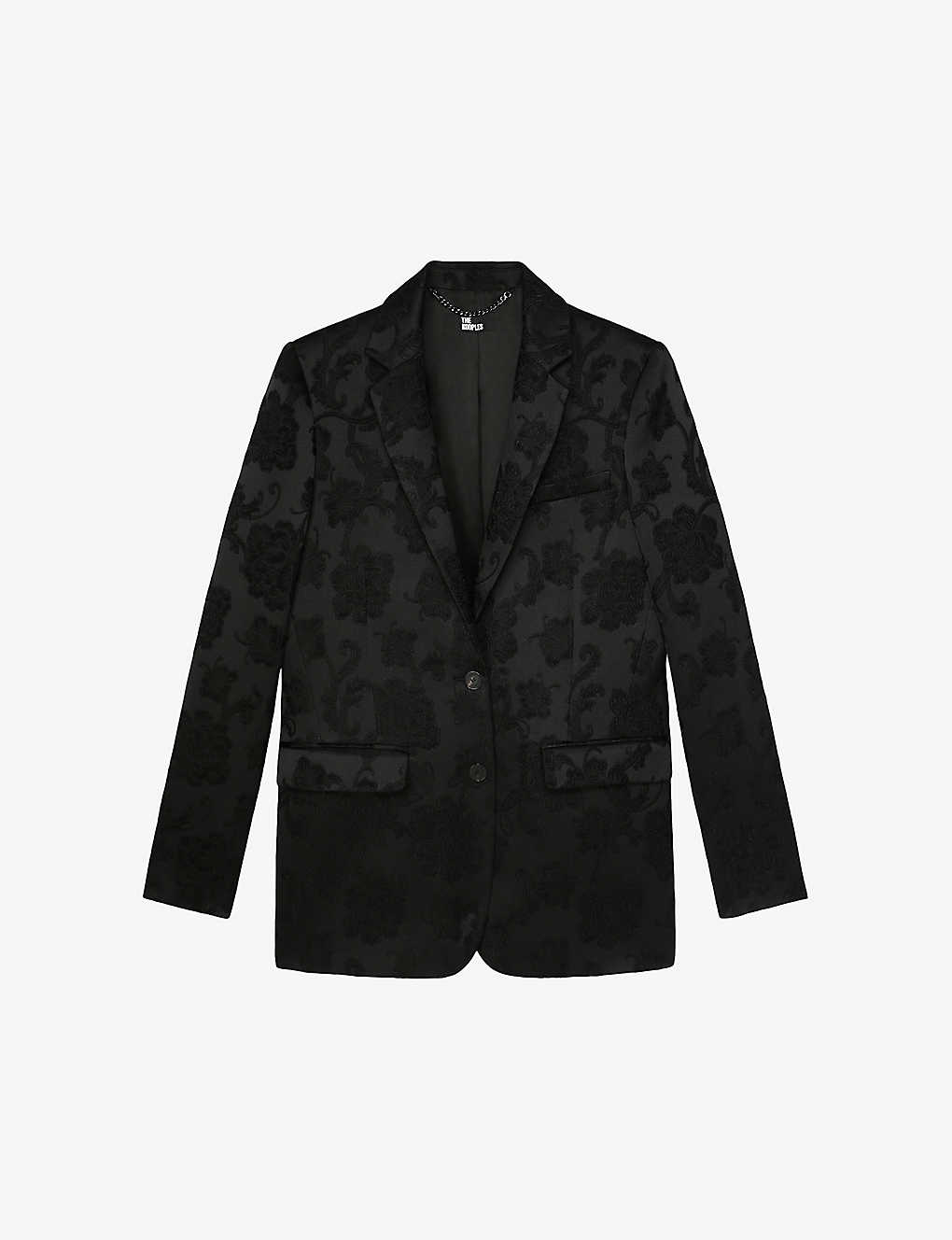 The Kooples Womens Black Floral-motif Single-breasted Stretch-woven Blazer