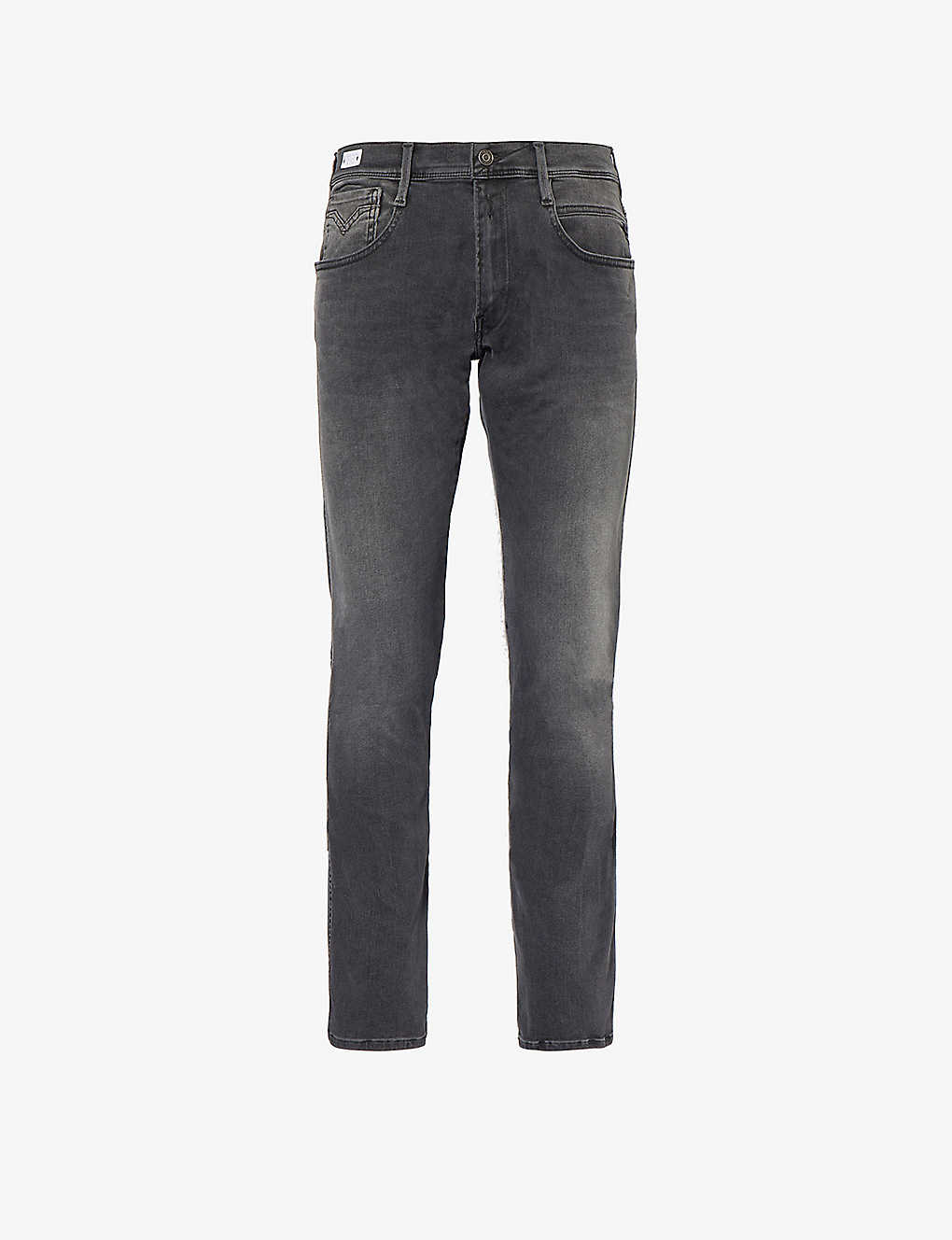 Replay Mens Dark Grey Anbass Faded-wash Straight-leg Slim-fit Stretch-denim Blend Jeans