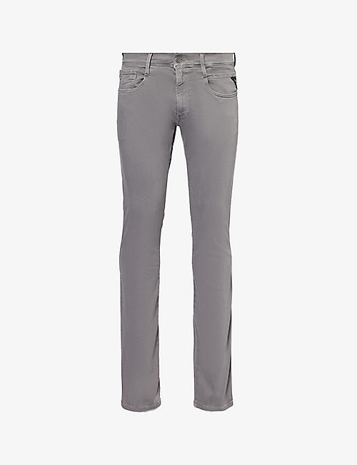 REPLAY: Anbass brand-patch tapered-leg mid-rise stretch-denim jeans