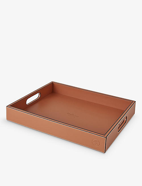 MULBERRY: Logo-embossed leather and wood tray 45cm