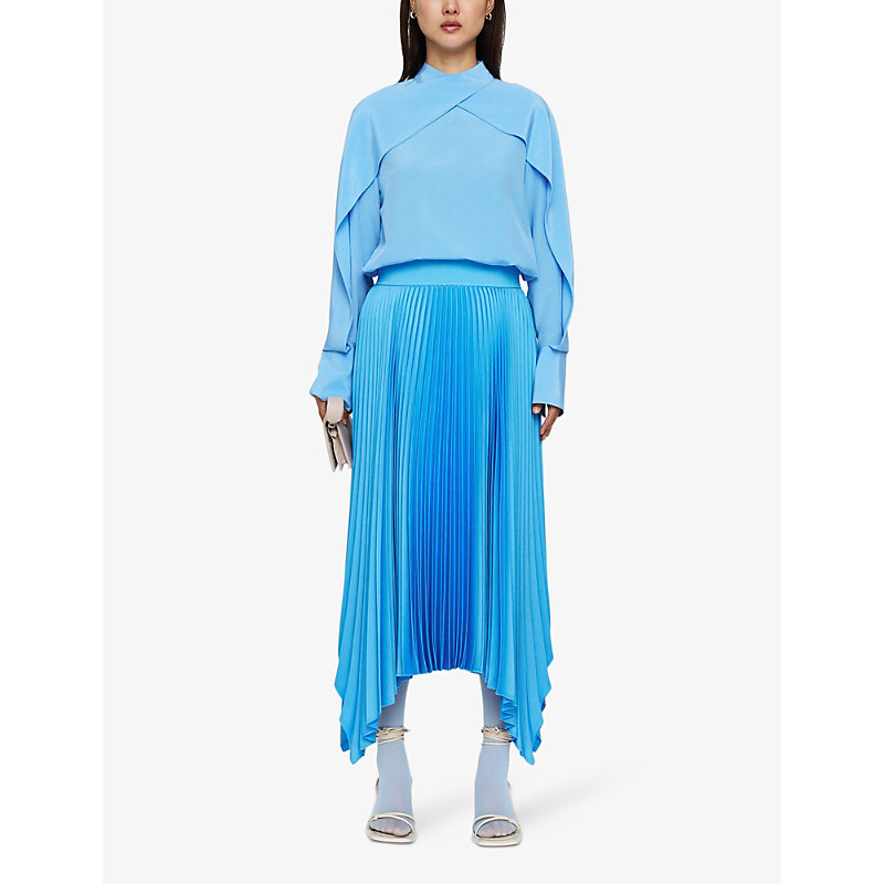 Shop Joseph Pleated Asymmetric-hem Woven Midi Skirt In Dark Arctic