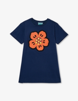 Shop Kenzo Girls Vy Kids Poppy Graphic-print Short-sleeve Cotton-jersey Dress 4-12 Years In Navy