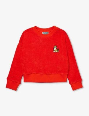 Shop Kenzo Girls Bright Red Kids Tiger-embroidered Towelling Cotton-blend Sweatshirt 4-12 Years