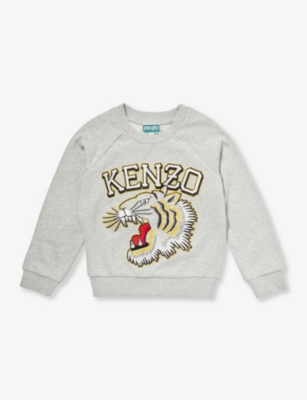 Kenzo Boys Grey Marl Kids Tiger-print Cotton-jersey Sweatshirt 4-12 Years