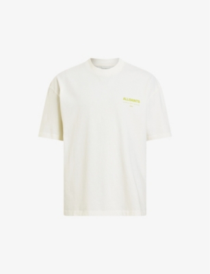 Shop Allsaints Men's Ashen White Access Brand-print Organic-cotton T-shirt