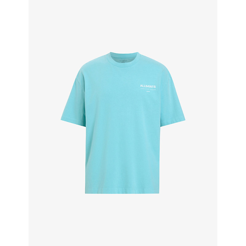 Shop Allsaints Men's Costello Blue Access Brand-print Organic-cotton T-shirt