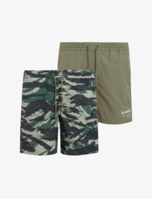 Allsaints Lani Swim Shorts 2 Pack In Khaki Green/green