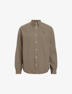 Shop Allsaints Tahoe Embroidered-logo Organic Cotton-blend Shirt In Acre Brown