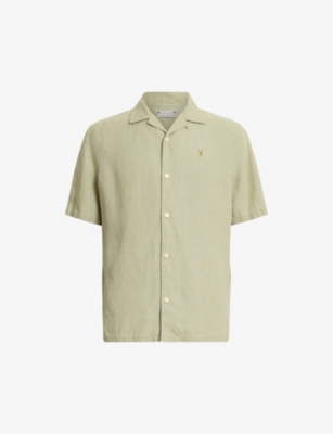 Allsaints Mens Herb Green Audley Ramskull-embroidered Hemp Shirt In Herb Green
