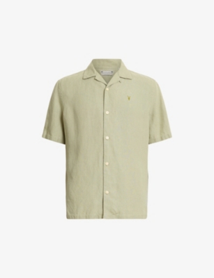 Shop Allsaints Men's Herb Green Audley Ramskull-embroidered Hemp Shirt