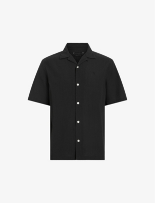 Shop Allsaints Mens Jet Black Valley Ramskull-embroidered Organic-cotton Shirt