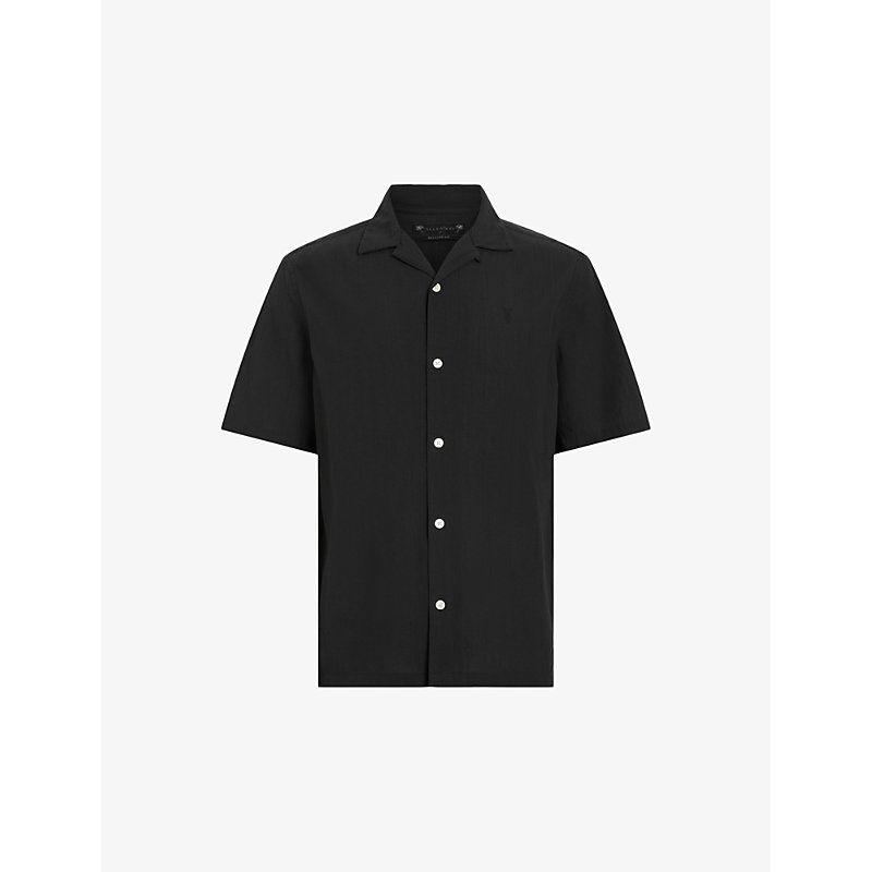 Shop Allsaints Men's Jet Black Valley Ramskull-embroidered Organic-cotton Shirt