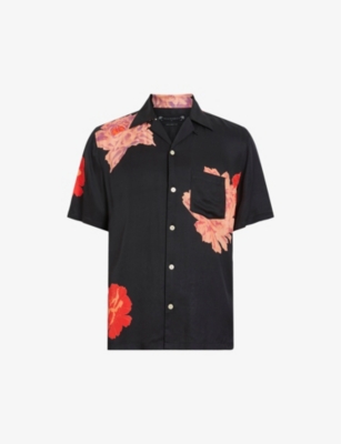 Shop Allsaints Men's Jet Black Roze Floral-print Woven Shirt