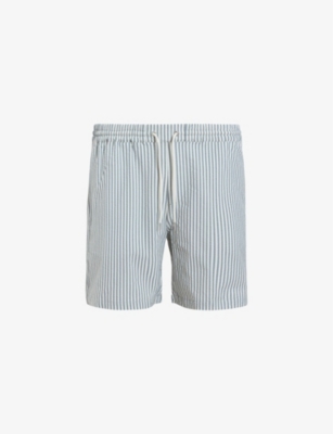 Shop Allsaints Men's White/grey Warden Elasticated-waist Striped Woven Swim Shorts