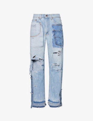 JEAN VINTAGE: Patchwork distressed straight-leg mid-rise jeans