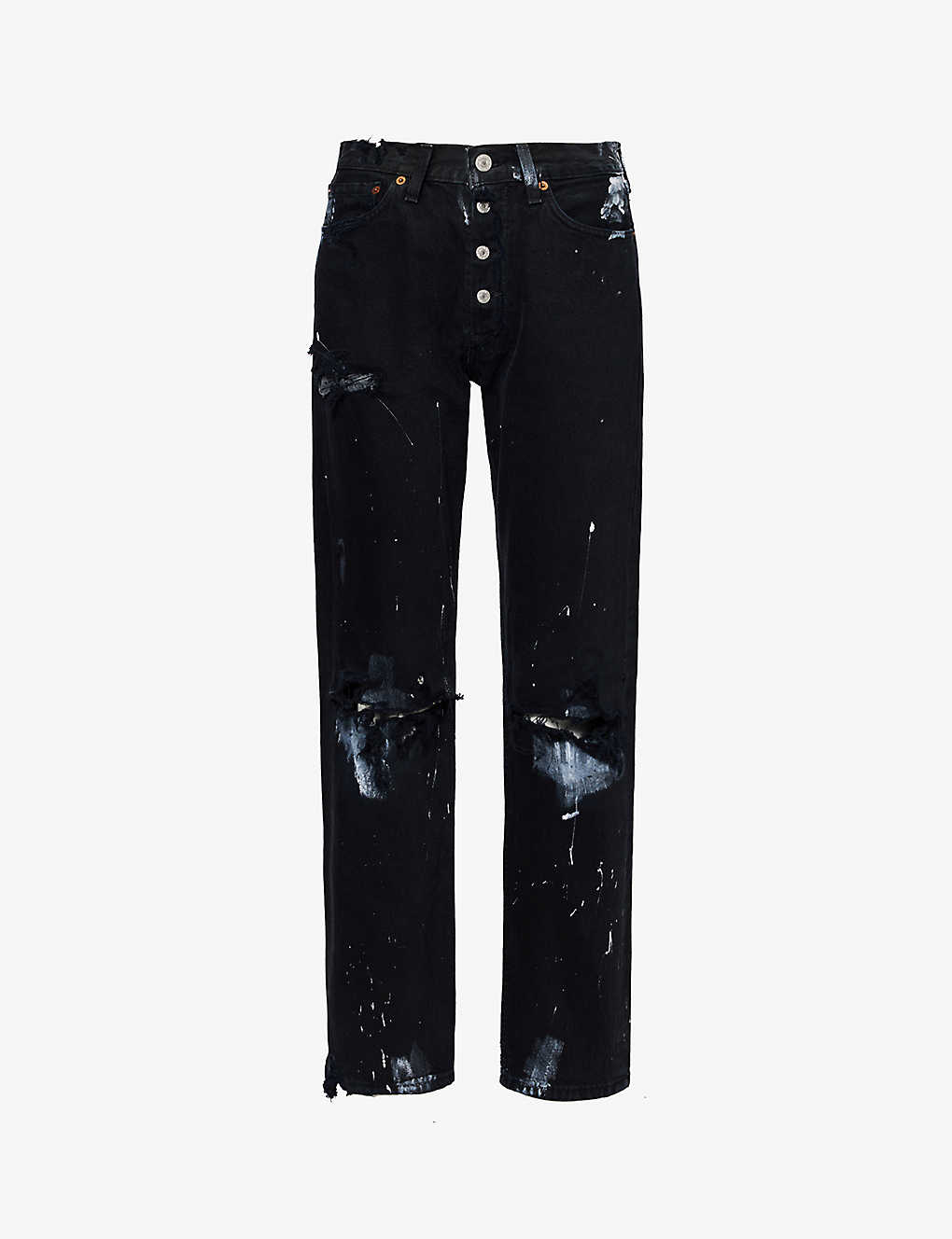 Jean Vintage Womens Black Paint-splatter Straight Wide-leg Mid-rise Jeans