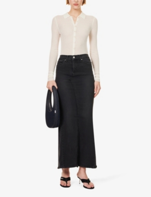 Shop Jean Vintage Womens Black High-rise Distressed Denim Midi Skirt