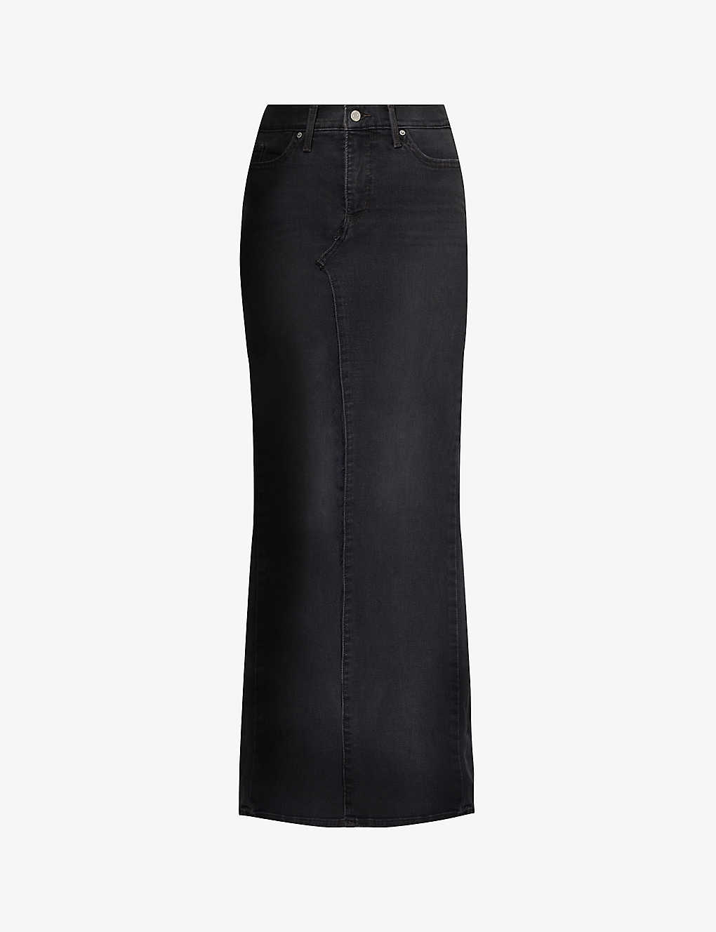 Jean Vintage Womens Black High-rise Distressed Denim Midi Skirt