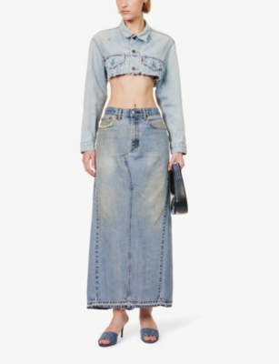 Shop Jean Vintage Womens Mid Blue High-rise Distressed Denim Midi Skirt