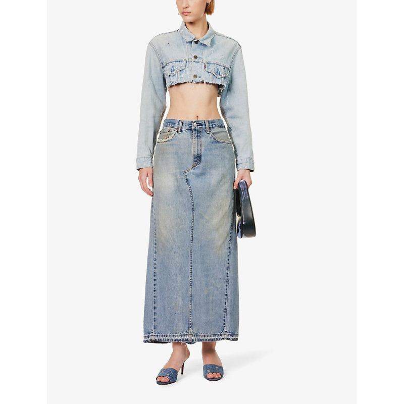 Shop Jean Vintage Women's Mid Blue High-rise Distressed Denim Midi Skirt