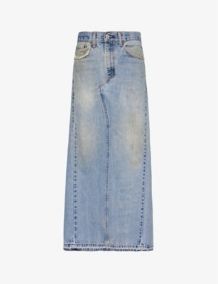 Jean Vintage Womens Mid Blue High-rise Distressed Denim Midi Skirt