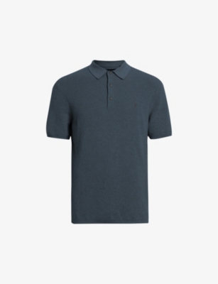 Allsaints Mens Workers Blue Aspen Ramskull-embroidered Cotton And Wool Polo Shirt