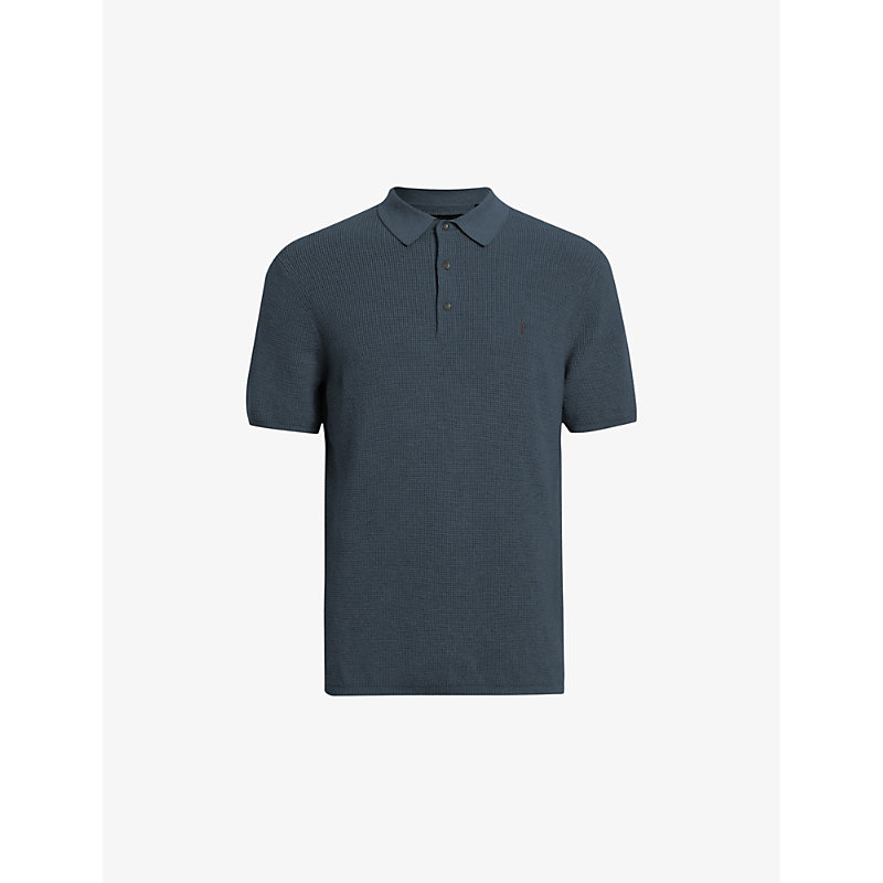 Allsaints Mens Workers Blue Aspen Ramskull-embroidered Cotton And Wool Polo Shirt