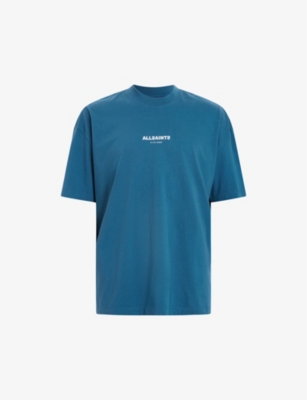 Shop Allsaints Men's Atlantic Blue Subverse Logo-print Relaxed-fit Organic-cotton T-shirt