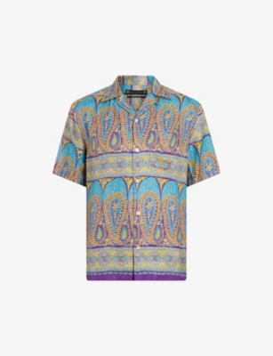 Shop Allsaints Pennard Graphic-print Short-sleeve Woven Shirt In Costello Blue