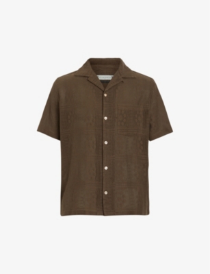 Shop Allsaints Mens Woodland Brown Caleta Relaxed-fit Embroidered Organic-cotton Shirt