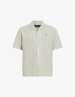 Allsaints Mens Milky Grey Selemite Ramskull-embroidered Stretch-cotton Shirt