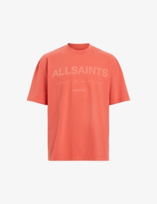 Shop Allsaints Men's Sunburnt Orang Laser Underground Logo Text-print Organic-cotton T-shirt